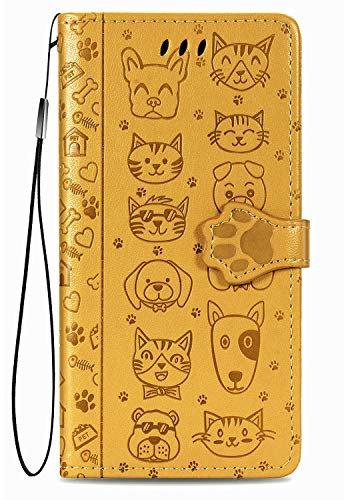 Fertuo Coque pour Vivo Y21S / Y21 / Y33S, Antichoc Portefeuille Étui Housse en Cuir à Rabat avec Porte Carte, Chiusura Magnetica [Motif de Chat Chien] Flip Cover Case pour Vivo Y21S, Jaune
