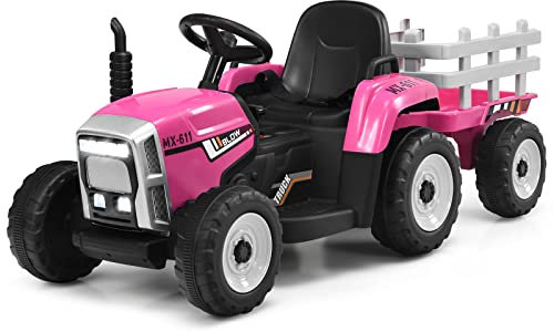 DREAMADE Tracteur Électrique Enfant 3+ Ans avec Remorque Tractopelle 12V Enfant Charge 30KG Tracteur à Pédales avec Télécommande&Musique&Lumières LED&Klaxon (Rose)