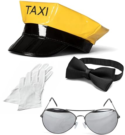 Mega_JumbleSale® Unisex Chauffeur-Hut/Kappe, Fliege, Sonnenbrille und weiße Handschuhe – Taxifahrer-Uniform für Buchwoche und Kostümpartys