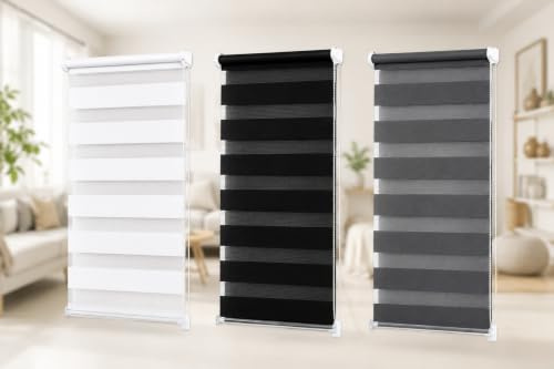 Funky Gadgets Day and Night Roller Blinds Grey, 49W x 165H cm | Dual Layer Fabric Zebra Blind Translucent or Blackout Vision Roller Shades No Drill Blinds Curtains for Windows and Doors