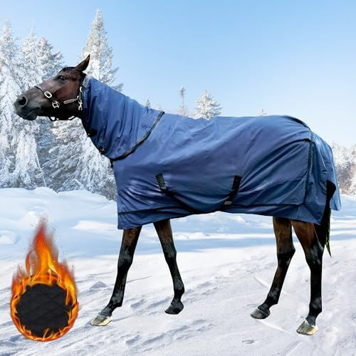 Wasserdichte Pferdedecke – mittelschwere Winterdecke (220 g Füllung) mit abnehmbarem Halsbezug, Blau, 183 cm