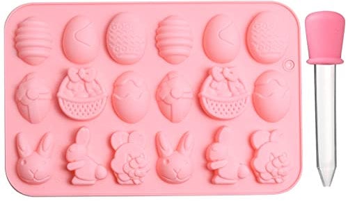 1 Pieces Easter Silicone Chocolate Mould Set, 18 Cavity Easter Basket Rabbit Shaped Mould Easter Egg Mould Easter Bunny Cake Mould Easter Jelly Mould with Dropper for DIY Chocolate, Candy, Jelly