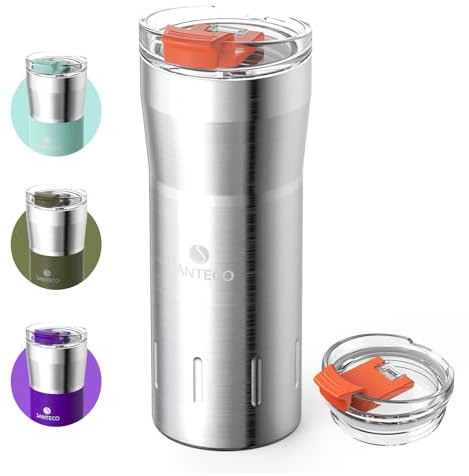 SANTECO Travel Coffee Mug 17oz, Insulated Coffee Cups with Flip Lid, Stainless Steel Coffee Mugs Spill Proof, Double Wall Vacuum Tumbler, Reusable to Go Mug for Hot/Ice Coffee Tea, Silver
