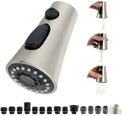 Küchenarmatur-Kopf-Ersatz, 3-Funktionen, Küchenspüle, Wasserhahn-Teile mit 10 Adaptern, herausziehbare Wasserhahnkopfdüse kompatibel mit Delta, Kohler, Moen-Wasserhähne, gebürstetes Nickel