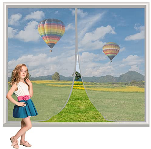Fliegengitter Fenster Mit Rahmen 145x150cm Grau Insektenschutz Magnetischer Fliegenvorhang Automatisch schließen Waschbar Klebemontage Ohne Bohren