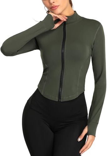 FEOYA Laufjacke Damen Atmungsaktive Enge Sportjacke mit Daumenloch Reißverschluss Gym Yoga Top Langarm Fitness Trainingsjacke Leicht Sweatjacke Running Jacke Slim Fit Sportoberteil Grün S Sportshirt