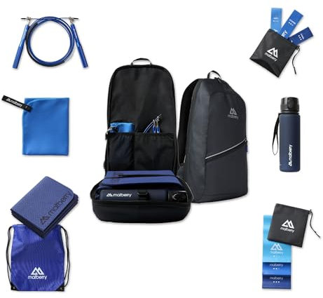 MATBERRY Power Pack – ALL IN ONE Laufrucksack (11 Teilig) mit Fitness Zubehör, inkl. Faltbarer Yogamatte, Trinkflasche, Springseil, 3xThera-, 3xLOOP-Bändern + Handtuch - blau