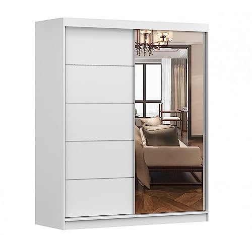 ML Furniture Ltd Kleiderschrank V6 mit Spiegel 160 cm, Schwebetürenschrank, Garderobeschrank Schlafzimmer; Wohnzimmerschrank; Korpus Schrank Farbe: Weiß; Farbe der Schrankfront: Weiß - 2 Schiebetüren