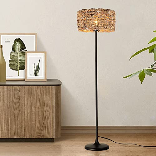 SUNLLOK Lampe De Sol Boho En Rotin, Industrielle En Bambou Lampe Sur Pied Avec Interrupteur à Pied, Lampe De Sol Moderne Noire TisséE Pour îLot De Cuisine, Chambre à Coucher, Bureau, Restaurant