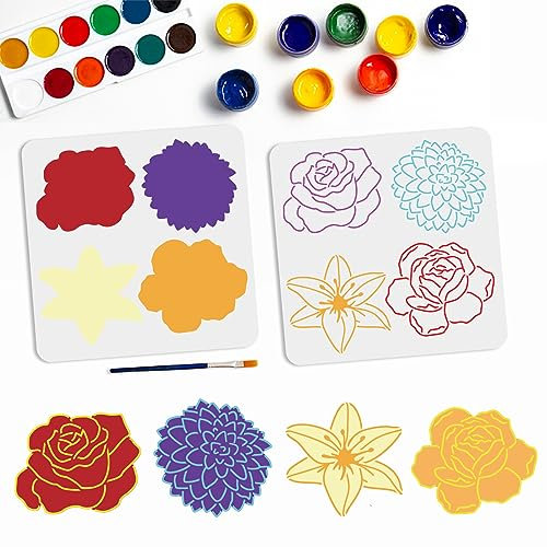 MAYJOYDIY 2 Pochoirs de Fleur de Lys Rose en Couches Pochoir de Peinture de Rose Modèle de Dessin de Floral Pochoir Réutilisable 30 × 30cm avec Pinceau pour Toile Bois Papier Tissu Bricolage