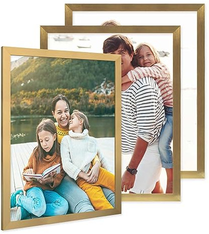 PHOTOLINI Bilderrahmen 40x50 Holz MDF Gold, 3er Set breite Bilderrahmen 50x40 gold mit bruchsicherem Acrylglas, Rahmen 40x50 zum Aufhängen & Zubehör - Picture Frames für Ihre stilvolle Wanddekoration