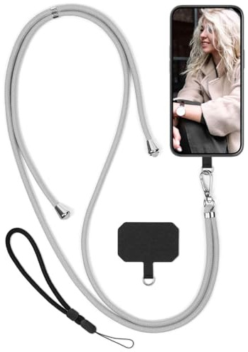 moex Unleash für Samsung Galaxy A54 5G Handyband zum Umhängen ohne Hülle, Handykette Universal mit Karabiner, Handy Band abnehmbar, Kette mit Pad für Handyhülle, Taupe, Silber