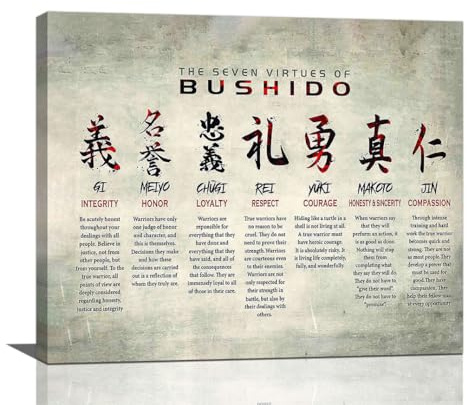 Japanische Samurai-Wandkunst 7 Tugenden von Bushido Code Bilder Wanddekoration Japanischer Krieger Zimmer Poster Leinwand Drucke Gerahmte Moderne Inspirierende Malerei Kunstwerk für Schlafzimmer Büro