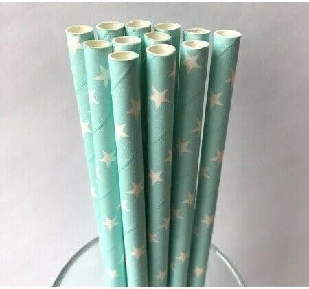 SHARRLA Paper Straws 25pcs, Biodegradable Recyclable Drinking Straws for Wedding | Birthday Party Straws for Cocktail, Holiday, Coffee, Soda, Baby Shower Suppliers (Light Green with Stars)