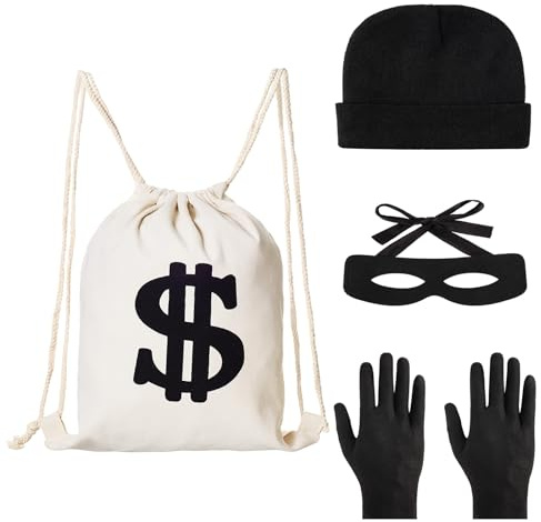 Panzerknacker Bankräuber Kostüm Damen Herren Und Kinder Set, Dieb Verbrecher Kostüm Con Goldmünzprägung, Augenmaske, Dollar Geldsack, Kappe, Handschuhe Für Karneval, Einbruch Mottoparty (4 Stück)