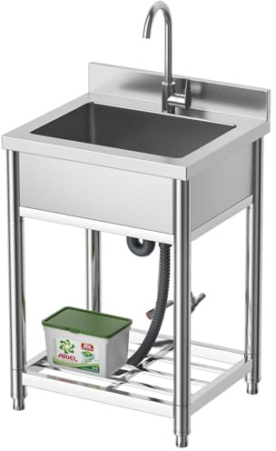 Stainless Steel Commercial Kitchen Sink, Free Standing, Single Bowl Sink Basin with Cold & Hot Water Faucet, Indoor and Outdoor Sink, 21.7 in