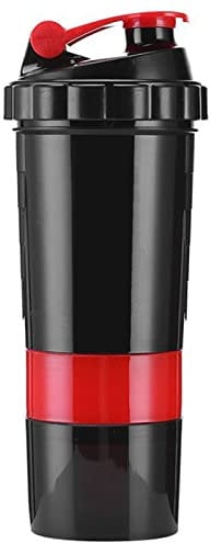 Shaker Bottle, Outdoor Portable Sport Jug 3 Layer Leakage Proof Portable Plastic Sports Mixer Cup with Protein Powder Capsules Box Red for Gym, Running, Hiking