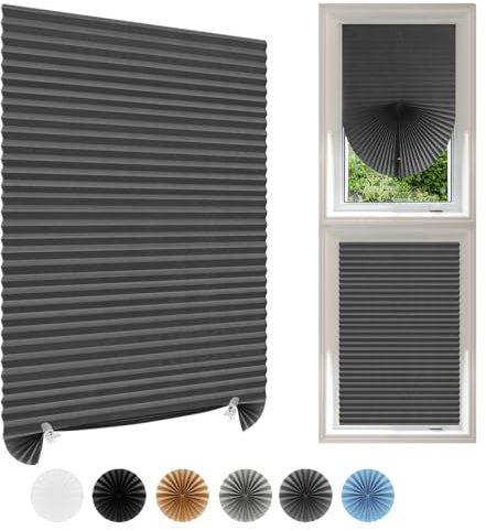 Temporary Blinds Stick On Cut to Size Non-woven Fabric No Drill Self Adhesive Pleated Paper Window Shades for Bedroom Kitchen Bathroom Windows Patio French Doors (2, Dark Grey/Silver, WxH 120x180cm)