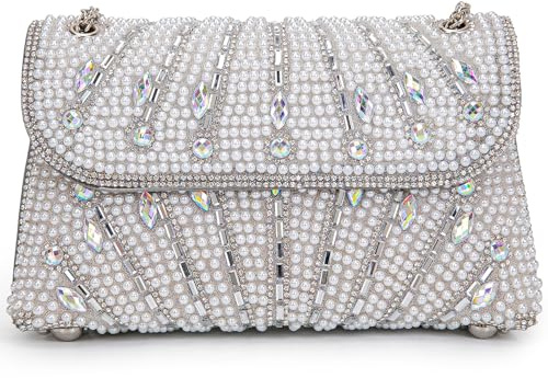 BBTT.ful Sac à main de soirée avec strass et perles pour femme avec chaîne, blanc
