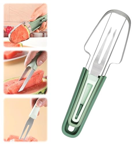 Vordpe Coupe-pastèque 3 en 1, coupe-pastèque en acier inoxydable, coupe-pastèque, coupe-melon en acier inoxydable, fourchettes à fruits pour le camping (Vert)