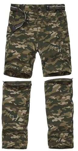 FLYGAGA Kinder Outdoorhose Wanderhose Zip Off Hose abnehmbare hosebeine Shorts Trekkinghose Unisex Jugend Mädchen Sommer mit Gürtel Schnelltrocknend Atmungsaktiv,Camo Grün,L
