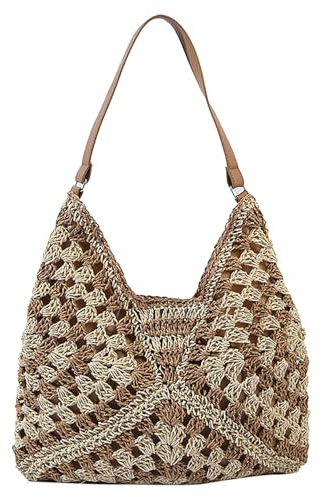 Skyearman Ladies Straw Shoulder Bag For Women Summer Beach Bag Large Fashion Shoulder Bag Straw Bag Hand-woven Handbags for Work Beach Trip Vacation (Brown)