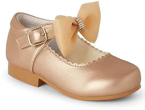 Girls Spanish Style Mary Jane Shoes, Diamanté Bow,Party Wear Silver, Gold, Pink, White or Navy Blue (Gold, UK Footwear Size System, Little Kid, Women, Numeric, Medium, 10)