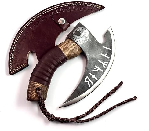 Jayger Handmade Carbon Steel Pizza Cutter | Viking-Inspired Pizza Slicer with Ash Wood Handle & Leather Wrapping | Norse Rune Design | Durable Blade & Leather Sheath