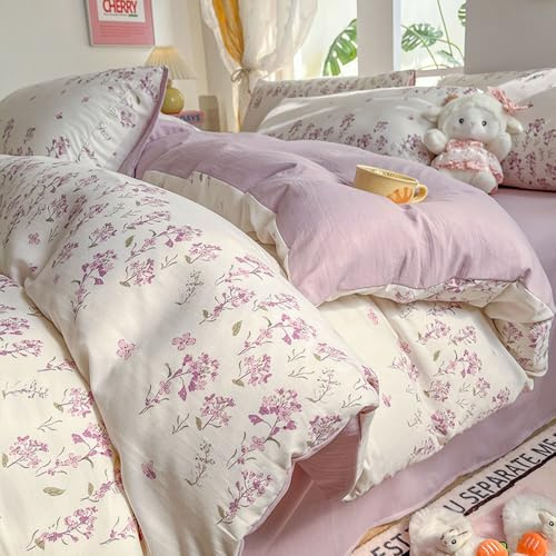 Covebett Bettwäsche 155x220 2teilig Lila Weiß Blumen Blätter Pflanzenmuster | Bettbezug Blumenmuster Aesthetic Mädchen Mikrofaser Renforcé Wendebettwäsche Set mit Reißverschluss und 1 Kissenbezüge 80x80