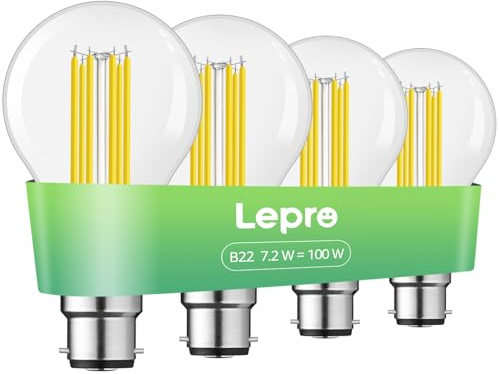 Lepro 1520lm Bayonet Light Bulb A-Rated, 7.2W = 100W, Warm White, Pack of 4 | 2700K B22 BC GLS LED Bulbs, 92.8% Energy Saving, 50000H Lifespan, Clear Filament, Vintage Glass for Home, Non-dimmable