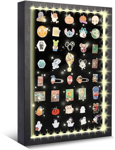swakuszy Pin-Vitrine mit Beleuchtung, 40,6 x 30,5 cm, schwarze Emaille-Pin-Anzeigetafel mit Licht, Pin-Halter und Pin-Collection-Display-Rahmen, Pinnwand für Wand- oder Tischplatte, Pinnwand für