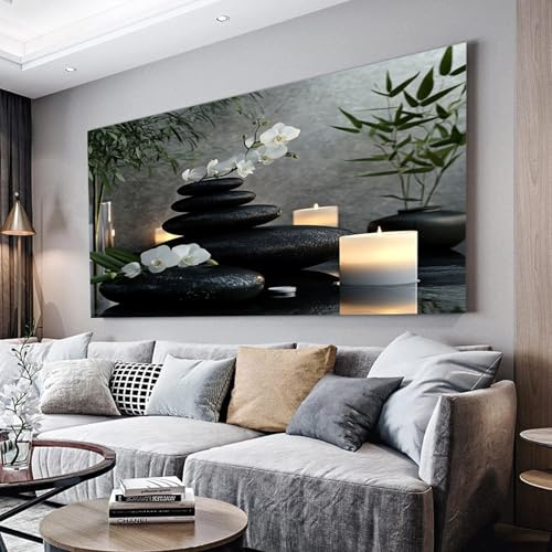 ZORYAN Zen-Stein-Orchidee Wandbilder Dekoration Wohnzimmer Leinwand Bilder | Schwarz Leinwandbild Schlafzimmer Deko, Wandbilder, Groß Kunstdruck Art Wanddeko Bild Decor Canvas 70x140 cm