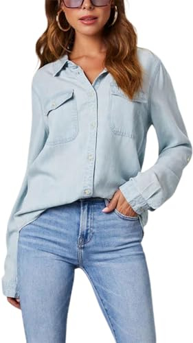 Siyova Women Denim Shirts Long Sleeve Button Down Jeans Blouse Casual Jean Tops Jacket Vintage Loose Shirt with Pockets Spring Autumn Streetwear (Light Blue, M)