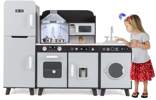 COSTWAY 3 en 1 Cuisine Enfant avec Réfrigérateur & Machine à Laver, Cuisiniere Enfant avec Lumière & Effet Sonore, Micro-Ondes & Machine à Glaçons, Jeu de Cuisine pour Garçons Filles de 3 Ans+ (Brun)