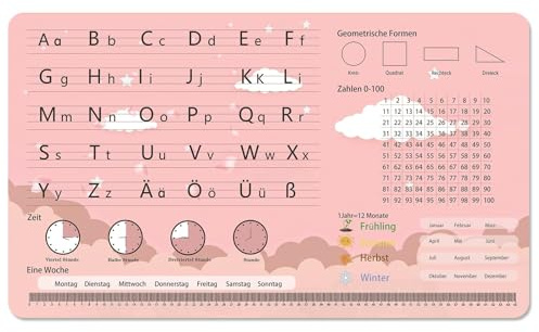 Schreibtischunterlage für Kinder Verträumte Wolken ABC Lernen Schreibtischunterlag 70 x 40cm Doppelseitige PU-Leder Mauspad Abwischbar öl- und schmutzabweisend für Junge Mädchen Schule Zuhause Büro