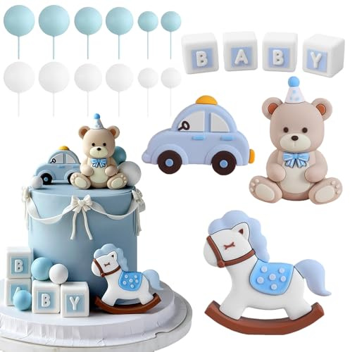 XFSRG Bär Kuchendekoration Baby Bär Tortendeko Pferd Tortenaufleger Baby Shower Deko Auto Kuchen Dekoration für Hochzeit Geburtstag Party Babyshower (Blau)