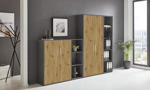 Aktenschrank TABOR 4 Büroschrank Ordnerschrank viel Stauraum 4-teilig | Ideal für DIN A4 Ordner & Büromaterial, abschließbar, Metallgriffe in anthrazit / Artisan Eiche