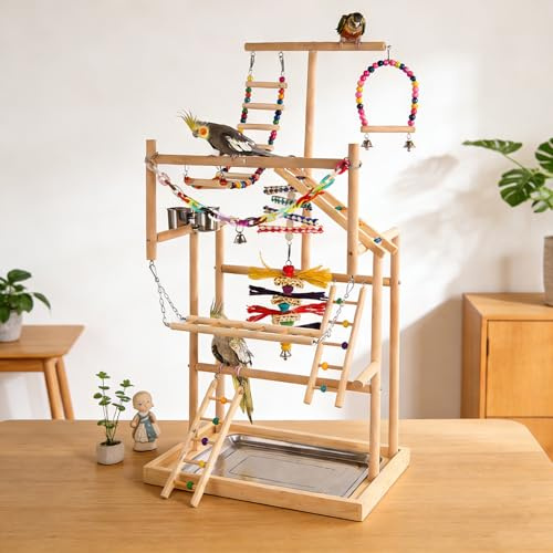 TOOSOAR Vogelspielplatz aus Holz,mit Edelstahl-Feeder-Cup,Bunte Kunststoffkette für Haustiere,für Papageien und andere Vögel,94.5 * 48 * 33.5cm