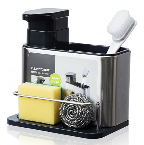 Irishom 3-in-1 Kitchen Soap Dispenser with Stainless Steel Sink Caddy, Dishwashing Liquid Dispenser and Sponge & Brush Holder Organizer with Drain Holes, Organiser for Kitchen Sink