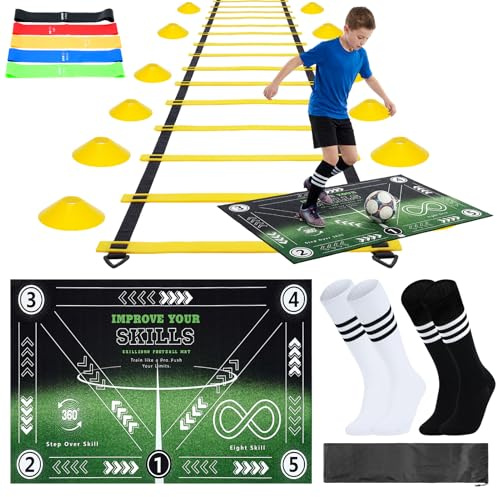 Fussball Trainingszubehör, Fußball Trainingsset mit Fußballmatte 90×60cm 6m Koordinationsleiter, 5 Widerstandsbändern, 10 Hütchen, 2 Paar Sportsocken Fußball Geschenke für Jungs Kinder