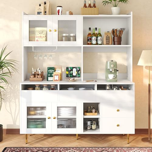 FammyLoft Küchenschrank mit Weinglasregal, Buffetschrank mit Glastür, Hochschrank mit Golddekoration, Vitrinenschrank Küche, Esszimmerschrank, Vitrine, Schrank küche, 145 x 39 x 171 cm, Weiß