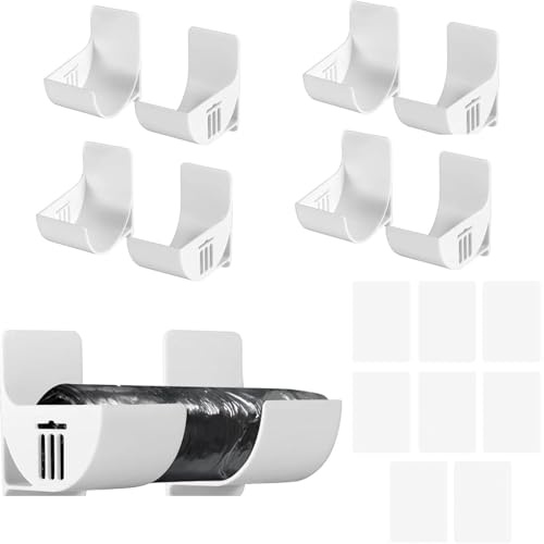 Self-Adhesive Bin Bag Holder (4 Pair) – No-Drill Foil Holder Wall Mount Garbage Bag Dispenser Rack for Tin Foil, Cling Film & Parchment Paper - Space-Saving Kitchen Cabinet Organizer, White