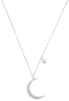 Amor Kette mit Anhänger 925 Sterling Silber Damen Halsschmuck, mit Zirkonia synth., 45+5 cm, Silber, Mond/Sterne, Kommt in Schmuck Geschenk Box, 9270231