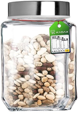 KADAX Tarro de almacenamiento, recipiente de cristal con tapa de plástico, recipiente para alimentos de cristal, tarro de almacenamiento para pasta, espaguetis, especias (1000 ml), color blanco
