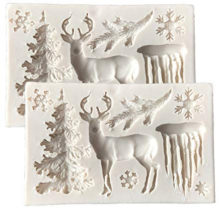 DUBENS 2 Stück 3D Weihnachten Baum Elch Hirsche Schneeflocke Silikon Fondant Kuchen Dekorieren Form Schokolade Gelee Backform Zucker Handwerk Werkzeuge