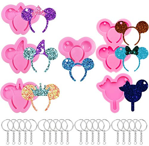 Moldes de silicona con diseño de cabeza de Mickey Mouse, 6 moldes de silicona para llavero con agujero+20 llaveros para bricolaje, collares, pendientes, ceras, decoración de pastelillos y postres.