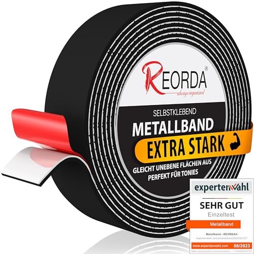 REORDA Metallband selbstklebend Schwarz - Ideal für Tonies®-Figuren & -Regale - Magnetband für Magnete I Ferroband I Magnetband selbstklebend I Eisenband (10m)