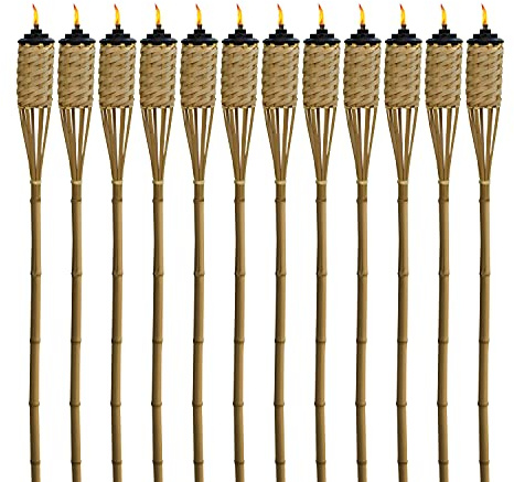 TIKI Bamboo Tiki Torches 12-Pack – Weather-Resistant Outdoor Décor with Easy-Pour Wide-Mouth Canister Refill for Patio, Garden, Backyard, and Parties, 57-Inch Citronella Torches