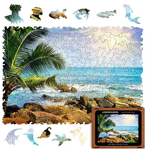 UNIDRAGON Original Wooden Jigsaw Puzzles - Ocean Tropical Beach, 125 pcs, Small 9x6.2, Beautiful Gift Package, Unique Shape Best Gift for Adults and Kids