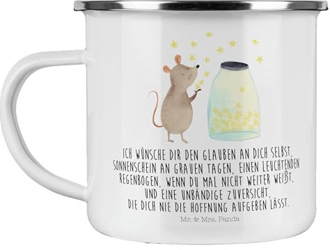 Mr. & Mrs. Panda Camping Emaille Tasse Maus Sterne - Geschenk, Träume, Metalltasse für Camping, Hoffnung, Kindergeburtstag, lustige Sprüche,